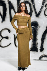 Carol Düşük Omuz Çizgili Bodycon Etek Takım